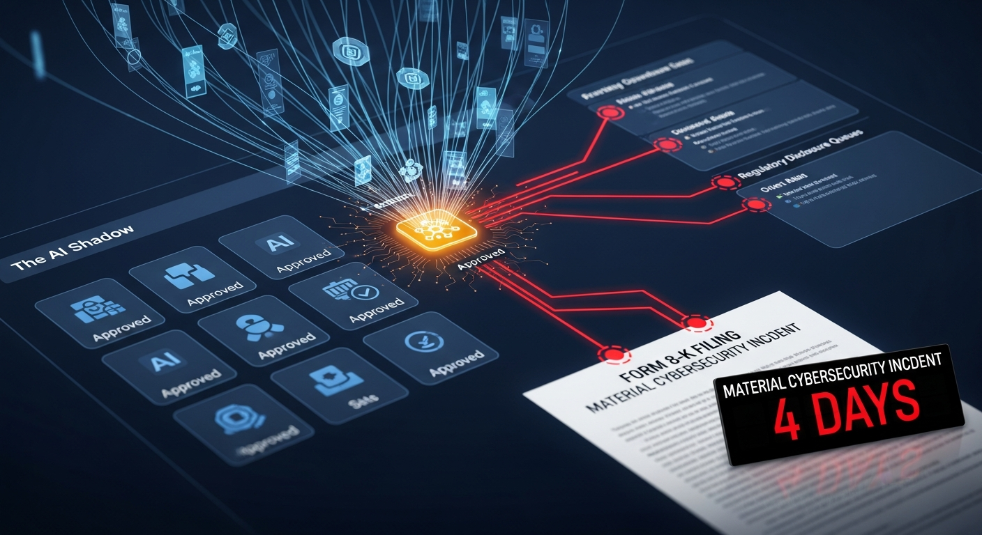 A Pennsylvania bank employee used an unauthorized AI tool on customer data — no hacker, no breach, no operational disruption — and the bank still filed an SEC Form 8-K. The first shadow AI disclosure is a blueprint for what your regulators are about to ask.