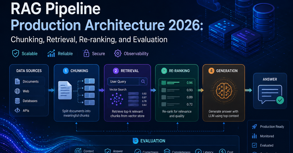 RAG Pipeline Production Architecture 2026: Chunking, Retrieval, Re-ranking, and Evaluation